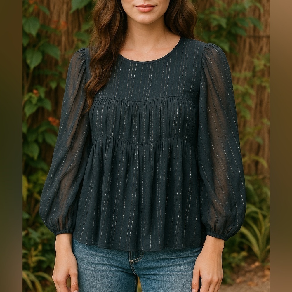 NWT Unsubscribed Pintuck Blouse Chiffon Silk Oversized Boho Long Sleeve Black 8